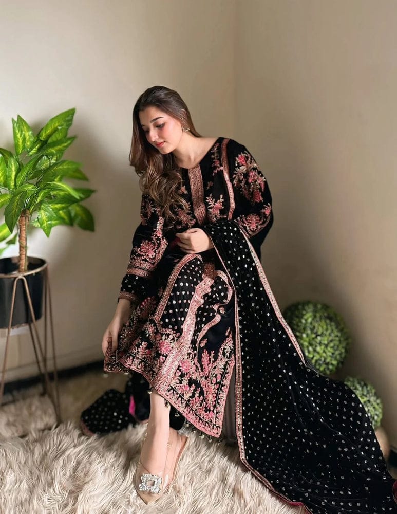 Aneelas 9000 Micro Velvet Luxury Embroidered Velvet Dress with Heavy Embroidered Shawl